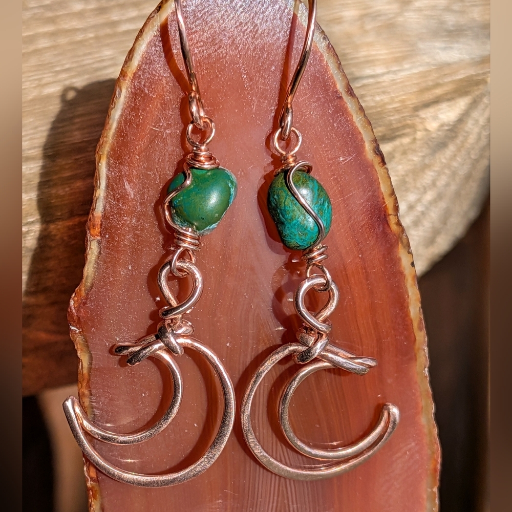 Dreamy Copper Moon Earrings Mediterranean Blue-Green Gemstones - Picture 3 of 12
